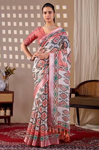 Elegant White Ethnic Print Linen Saree