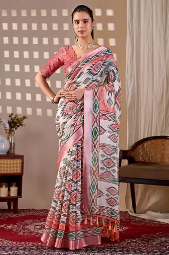 Elegant White Ethnic Print Linen Saree