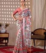 Elegant White Ethnic Print Linen Saree