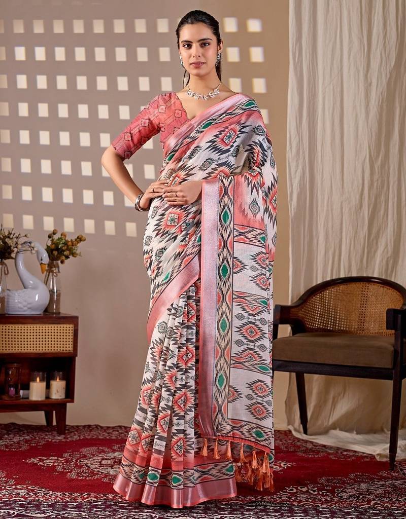 Elegant White Ethnic Print Linen Saree