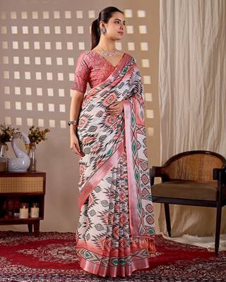Elegant White Ethnic Print Linen Saree 2