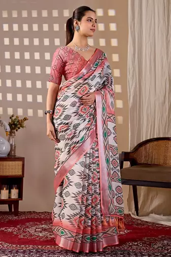 Elegant White Ethnic Print Linen Saree