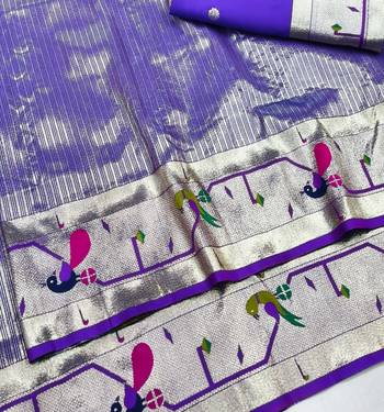 Purple zari woven paithani silk blend saree with blouse piece 2