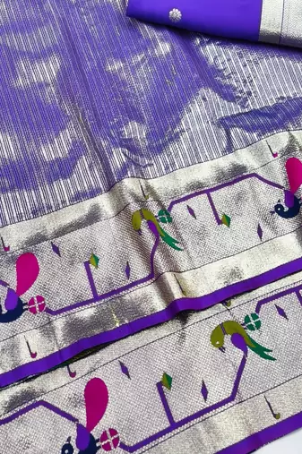 Purple zari woven paithani silk blend saree with blouse piece