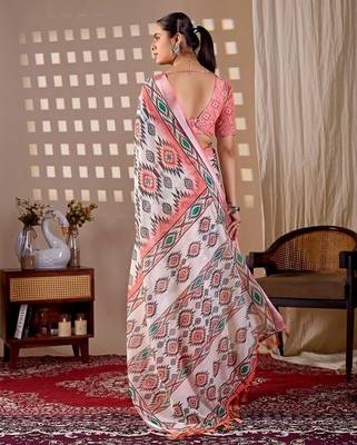 Elegant White Ethnic Print Linen Saree 3