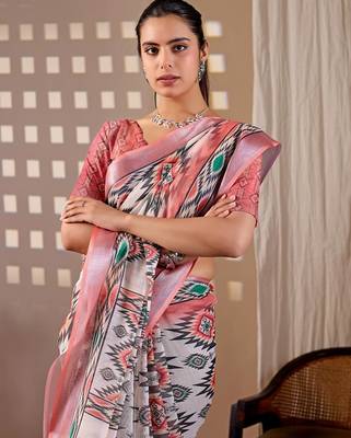 Elegant White Ethnic Print Linen Saree 4