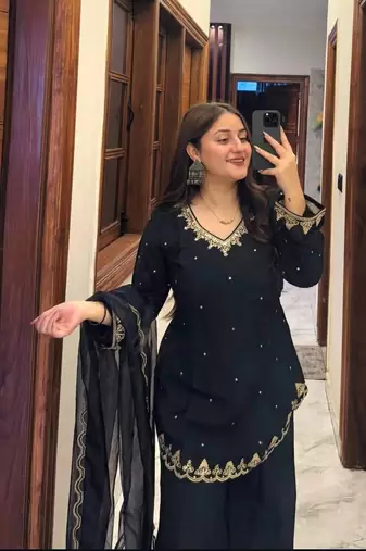 Black color stylish and partywear silk crepe beautiful partywear dress