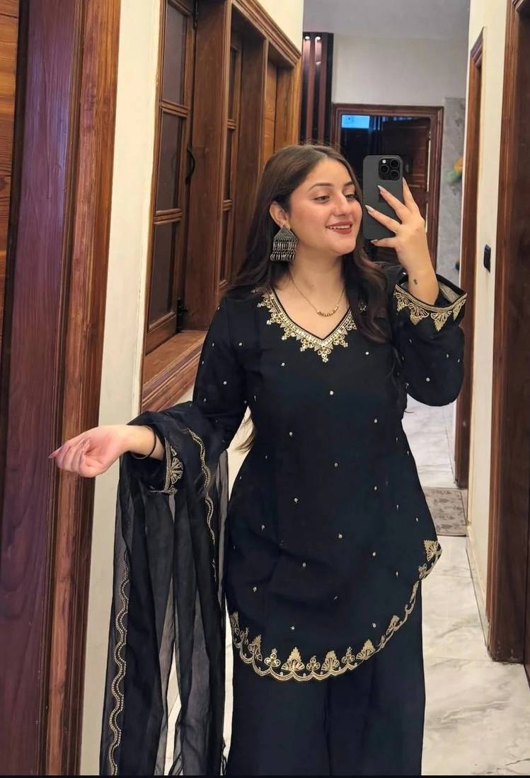 Black color stylish and partywear silk crepe beautiful partywear dress