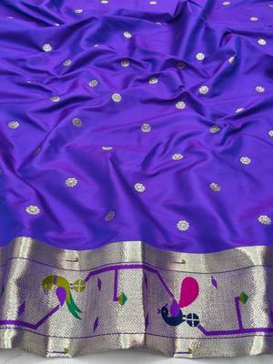 Purple zari woven paithani silk blend saree with blouse piece 3