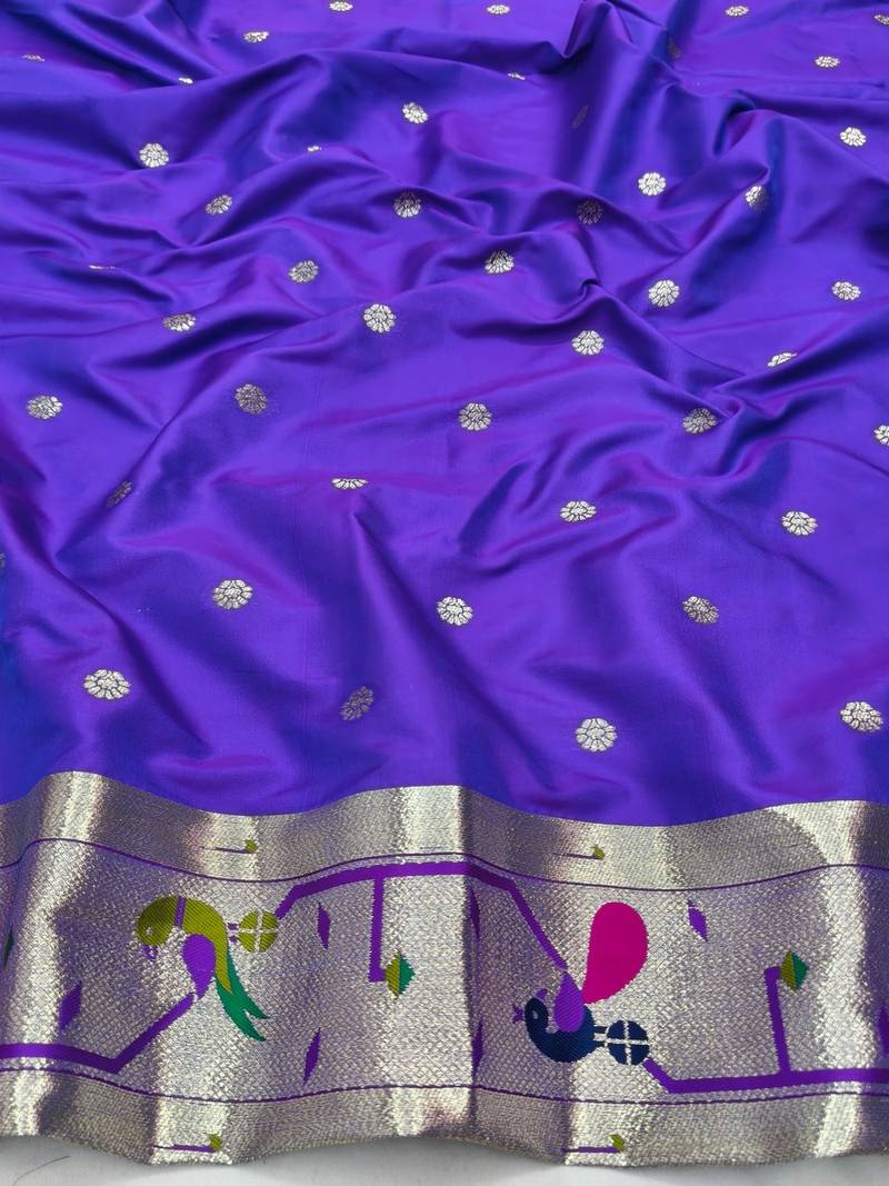 Purple zari woven paithani silk blend saree with blouse piece