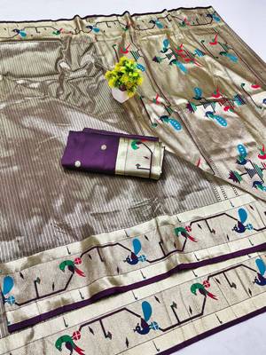 Wine zari woven paithani silk blend saree with blouse piece 1
