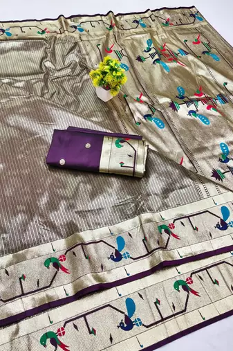 Wine zari woven paithani silk blend saree with blouse piece