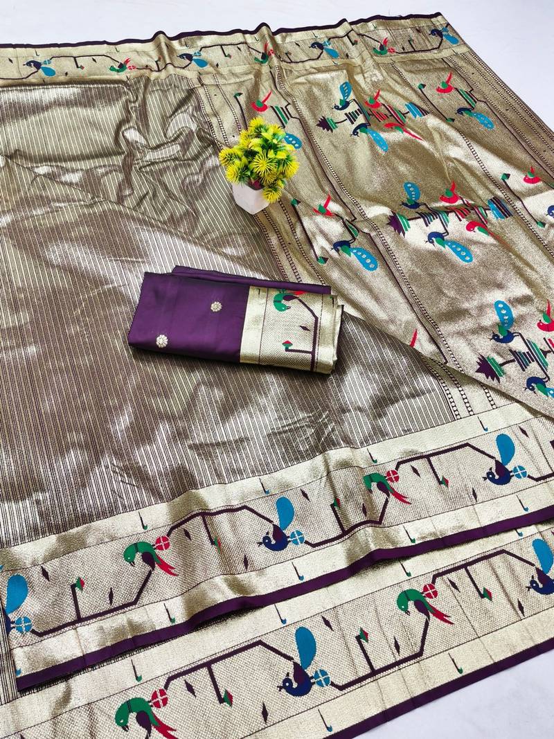 Wine zari woven paithani silk blend saree with blouse piece