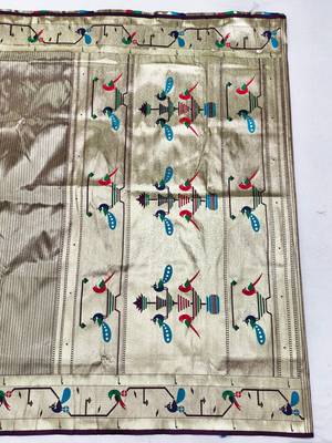Wine zari woven paithani silk blend saree with blouse piece 2