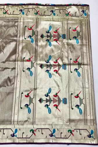 Wine zari woven paithani silk blend saree with blouse piece
