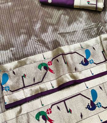 Wine zari woven paithani silk blend saree with blouse piece 3