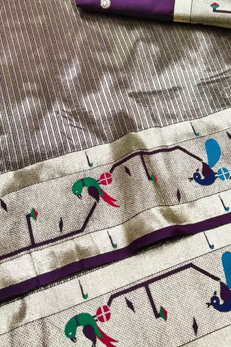 Wine zari woven paithani silk blend saree with blouse piece
