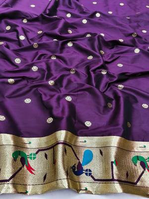 Wine zari woven paithani silk blend saree with blouse piece 4