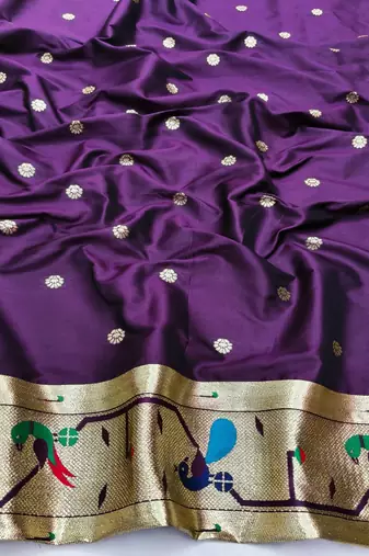 Wine zari woven paithani silk blend saree with blouse piece