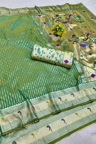 Parrot green zari woven paithani silk blend saree with blouse piece