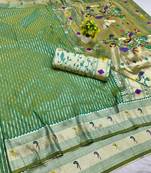 Parrot green zari woven paithani silk blend saree with blouse piece