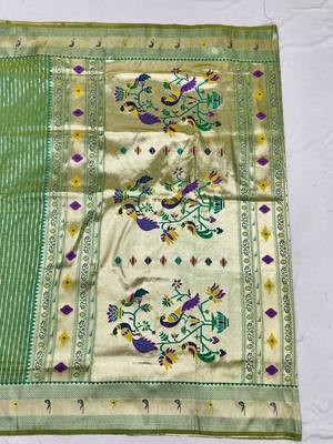 Parrot green zari woven paithani silk blend saree with blouse piece 2
