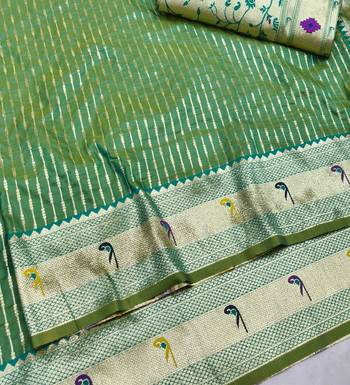 Parrot green zari woven paithani silk blend saree with blouse piece 3
