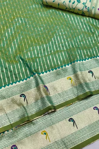 Parrot green zari woven paithani silk blend saree with blouse piece