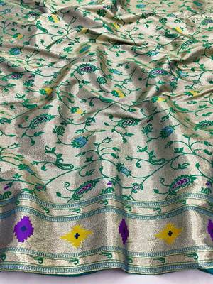 Parrot green zari woven paithani silk blend saree with blouse piece 4