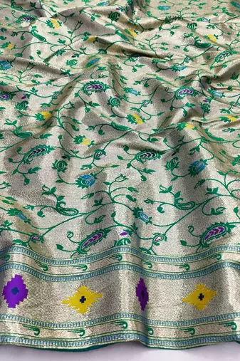 Parrot green zari woven paithani silk blend saree with blouse piece