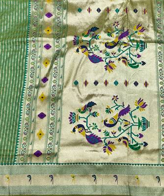 Parrot green zari woven paithani silk blend saree with blouse piece 5