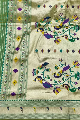 Parrot green zari woven paithani silk blend saree with blouse piece