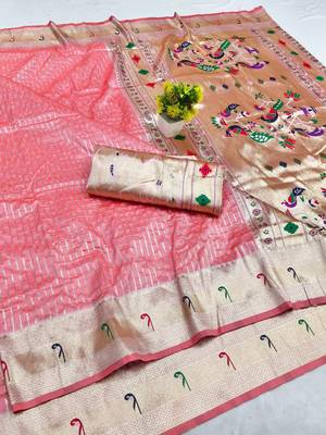 Light pink zari woven paithani silk blend saree with blouse piece 1