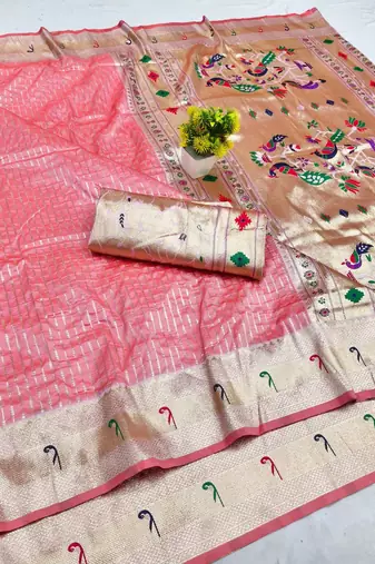 Light pink zari woven paithani silk blend saree with blouse piece