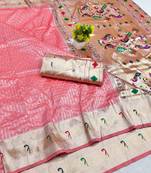 Light pink zari woven paithani silk blend saree with blouse piece