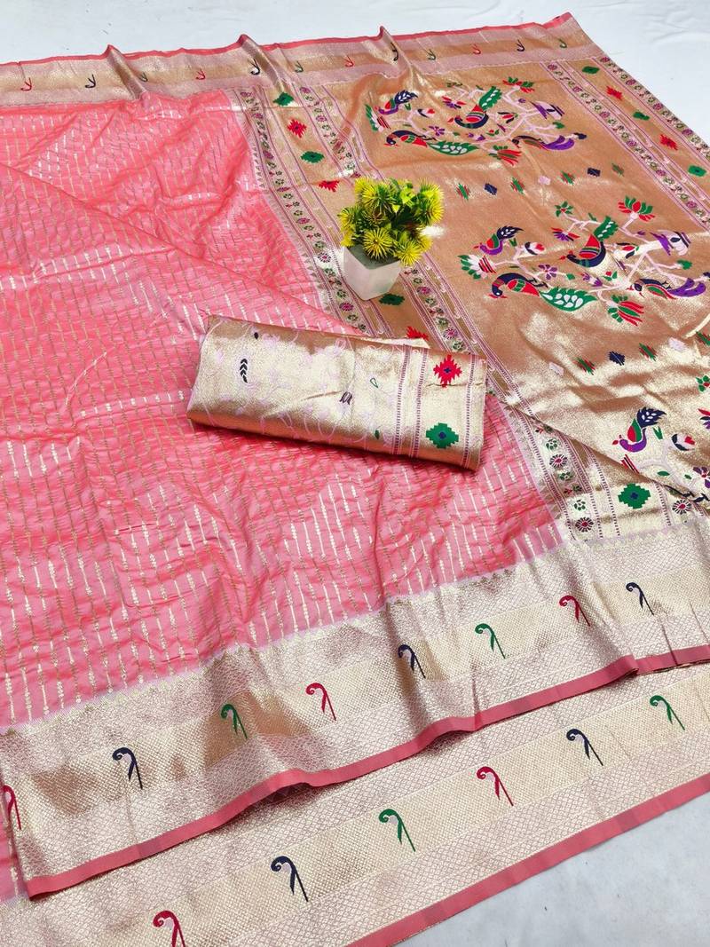 Light pink zari woven paithani silk blend saree with blouse piece