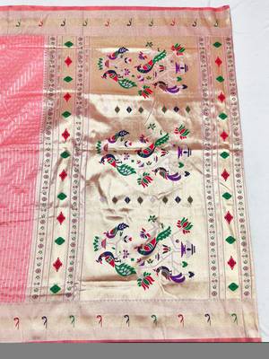 Light pink zari woven paithani silk blend saree with blouse piece 2