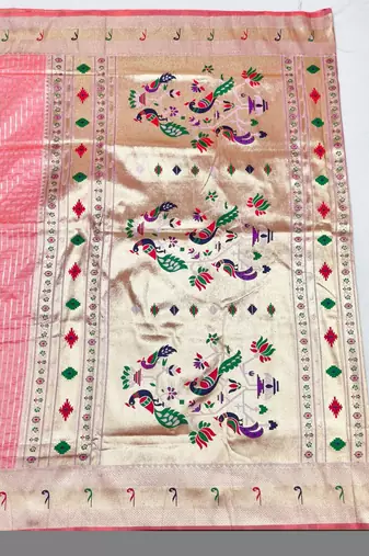 Light pink zari woven paithani silk blend saree with blouse piece