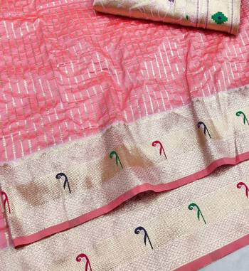 Light pink zari woven paithani silk blend saree with blouse piece 3