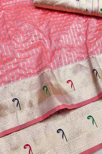 Light pink zari woven paithani silk blend saree with blouse piece