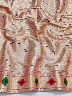 Light pink zari woven paithani silk blend saree with blouse piece 4