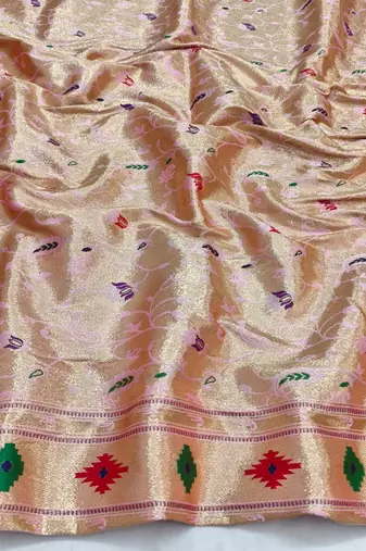 Light pink zari woven paithani silk blend saree with blouse piece