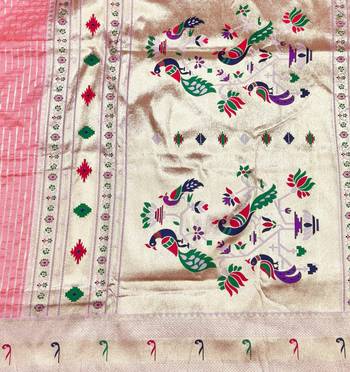 Light pink zari woven paithani silk blend saree with blouse piece 5