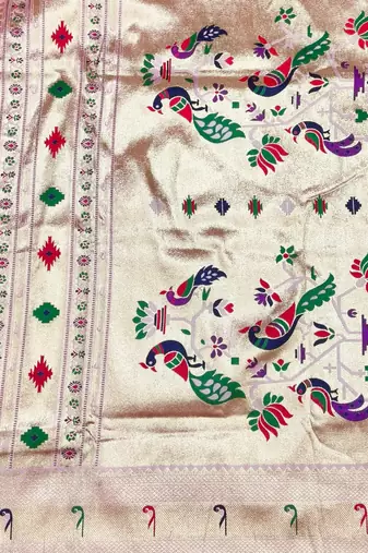 Light pink zari woven paithani silk blend saree with blouse piece