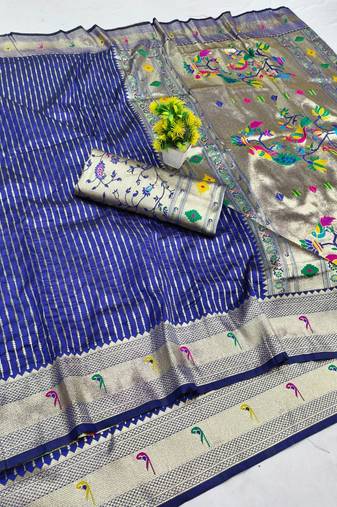 Navy blue zari woven paithani silk blend saree with blouse piece