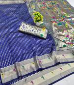 Navy blue zari woven paithani silk blend saree with blouse piece
