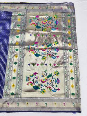 Navy blue zari woven paithani silk blend saree with blouse piece 2
