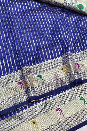 Navy blue zari woven paithani silk blend saree with blouse piece