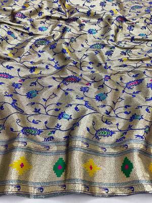Navy blue zari woven paithani silk blend saree with blouse piece 4