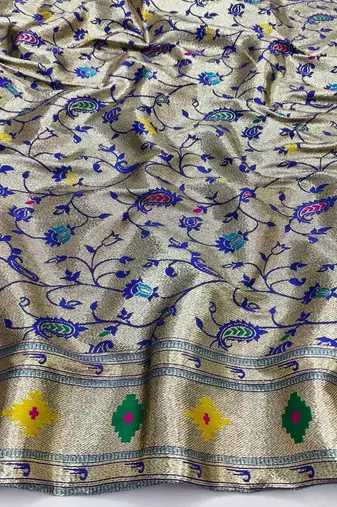 Navy blue zari woven paithani silk blend saree with blouse piece